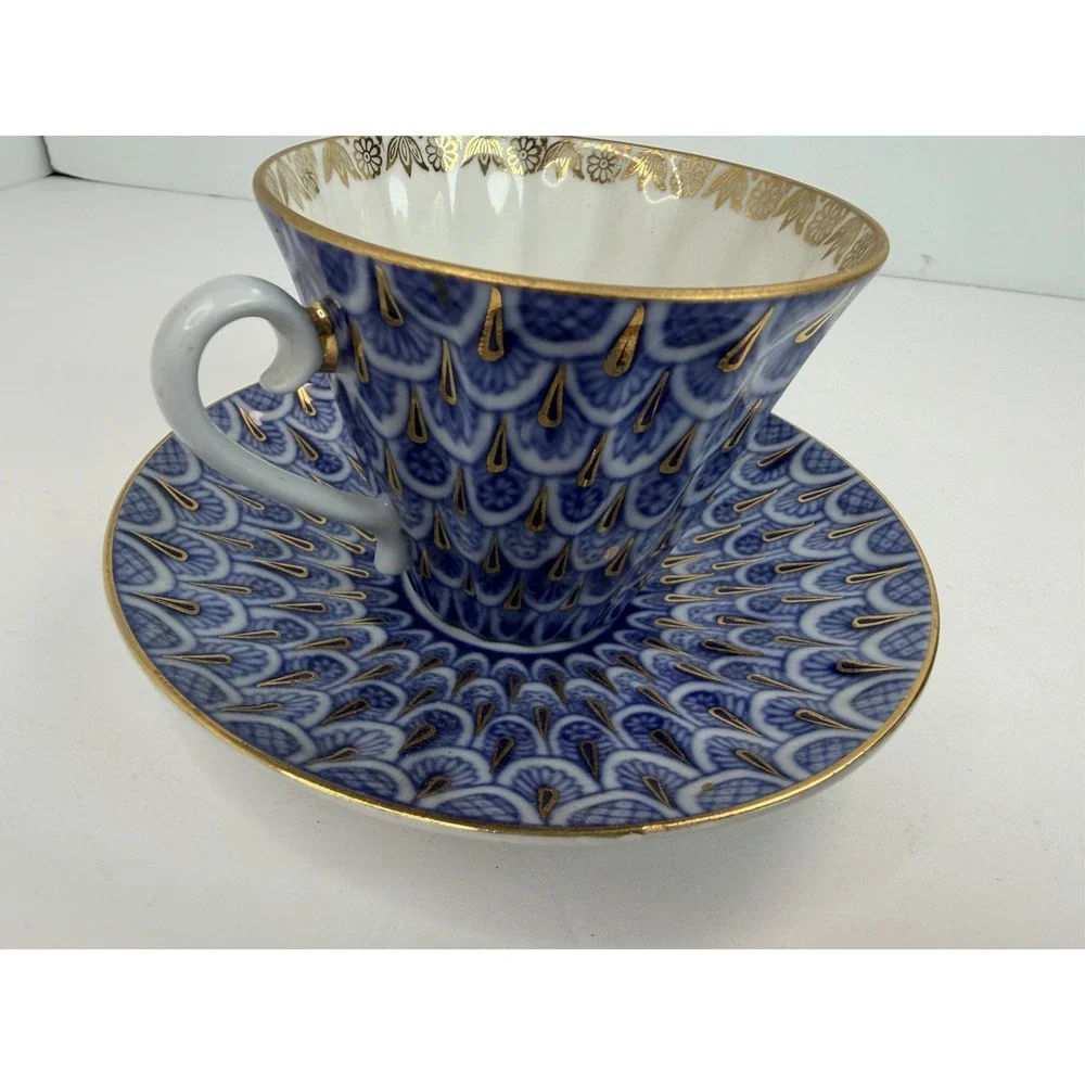 Lomonosov Porcelain Tea Cup Saucer Forget Me Not Cobalt Blue Gold USSR LFZ